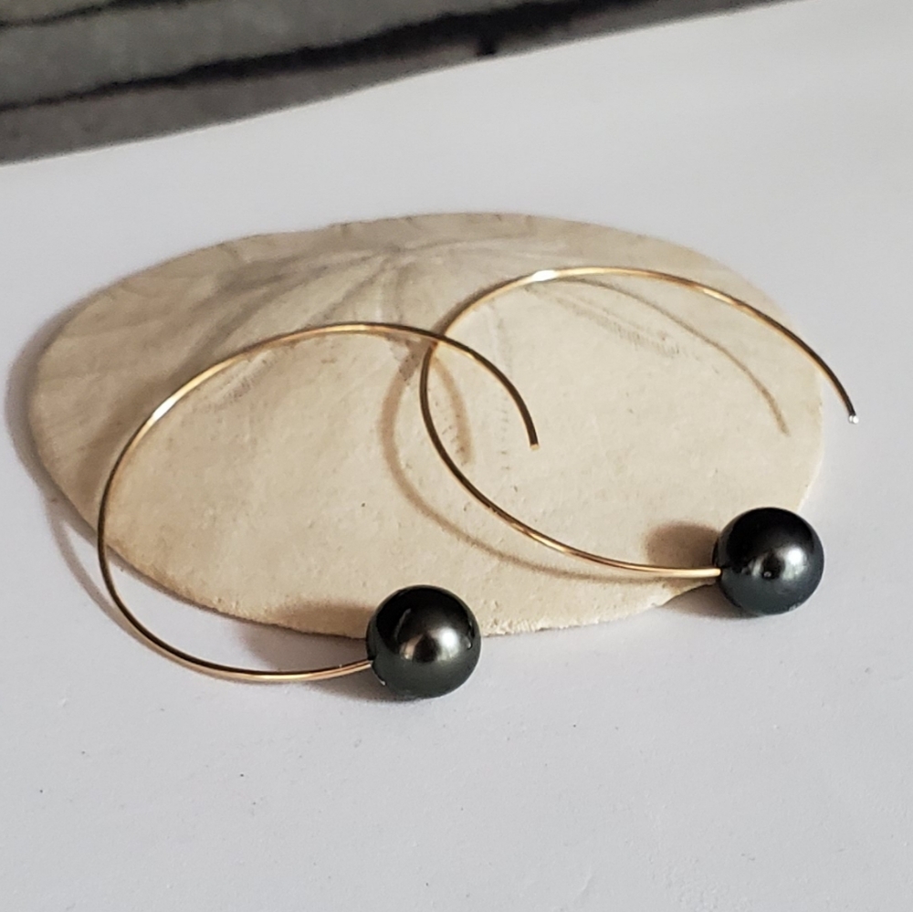 Tahitian pearl hoops earrings gold filled silver - Picture 1 of 3